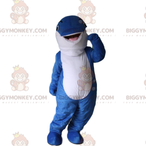 Blå och vit delfin BIGGYMONKEY™ maskotdräkt, valdräkt -