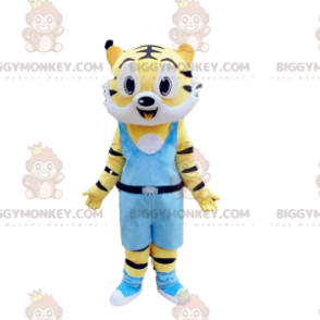 Traje de mascote BIGGYMONKEY™ de tigre amarelo e branco, traje