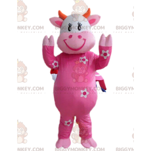 BIGGYMONKEY™ mascot costume pink cow with flowers, cowhide