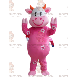 Costume de mascotte BIGGYMONKEY™ de vache rose avec des fleurs