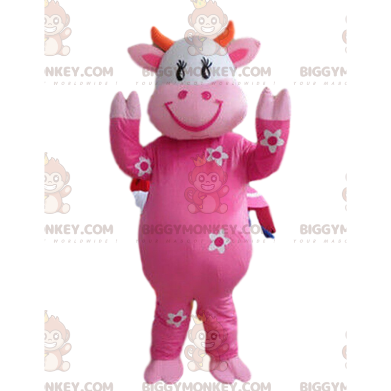 BIGGYMONKEY™ costume mascotte mucca rosa con fiori, costume in