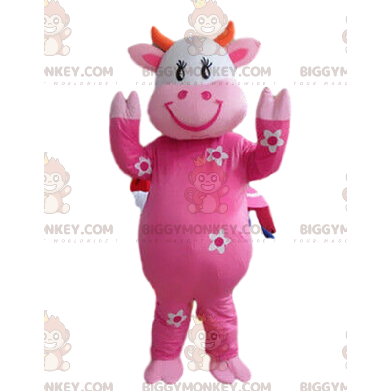 Costume de mascotte BIGGYMONKEY™ de vache rose avec des fleurs