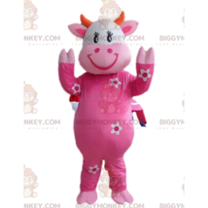 BIGGYMONKEY™ mascottekostuum roze koe met bloemen, kostuum van