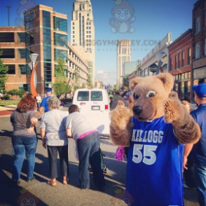 BIGGYMONKEY™ mascot costume of beige bear with a blue jersey –