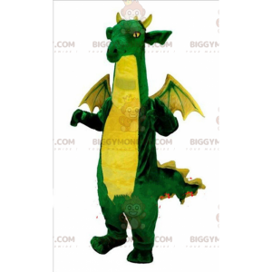 BIGGYMONKEY™ mascot costume green and yellow dragon, dinosaur