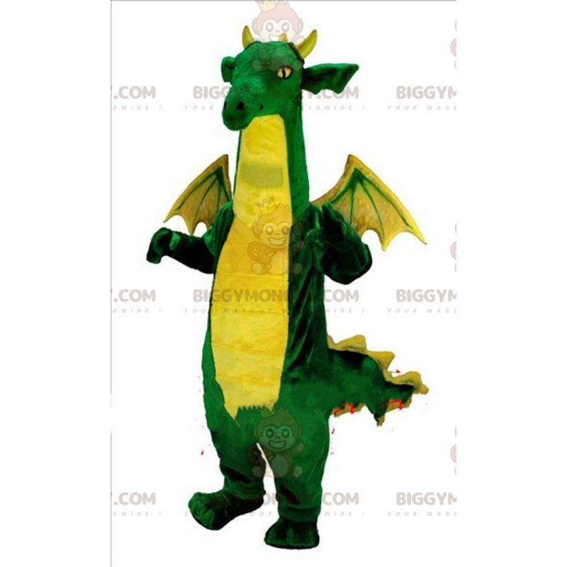 BIGGYMONKEY™ maskot kostume grøn og gul drage, dinosaur kostume