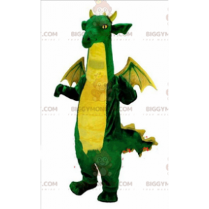 BIGGYMONKEY™ maskot kostume grøn og gul drage, dinosaur kostume