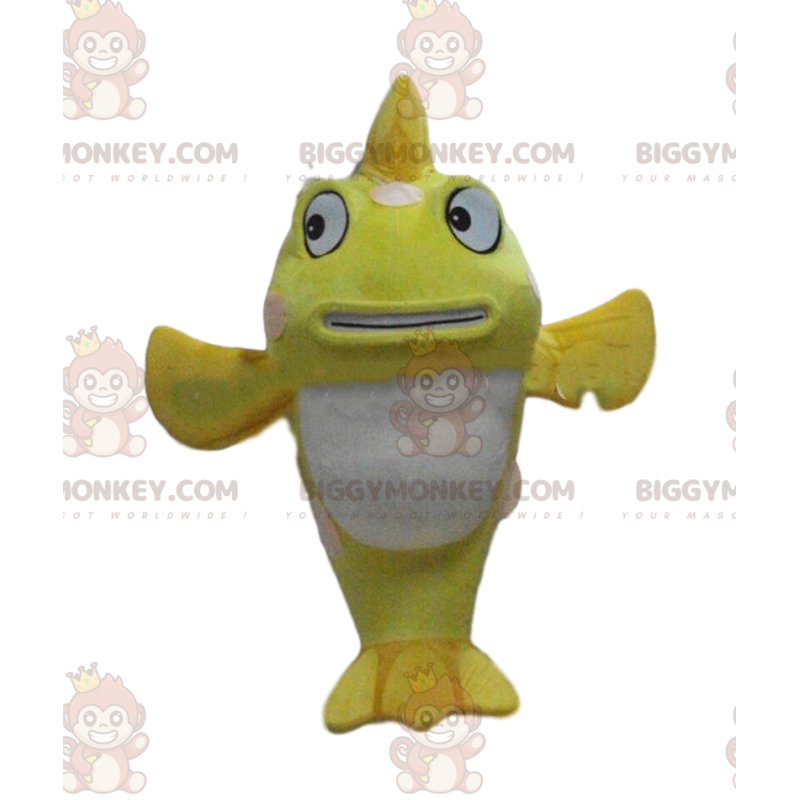 Fantasia de mascote gigante de peixe amarelo e branco