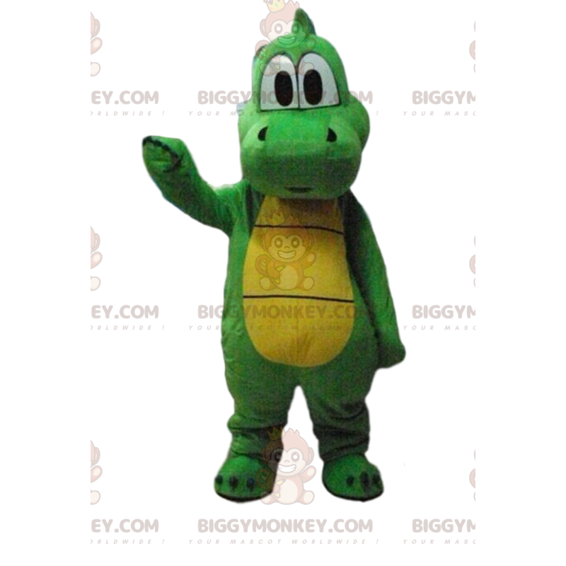 Traje de mascote BIGGYMONKEY™ dinossauro verde e amarelo, traje