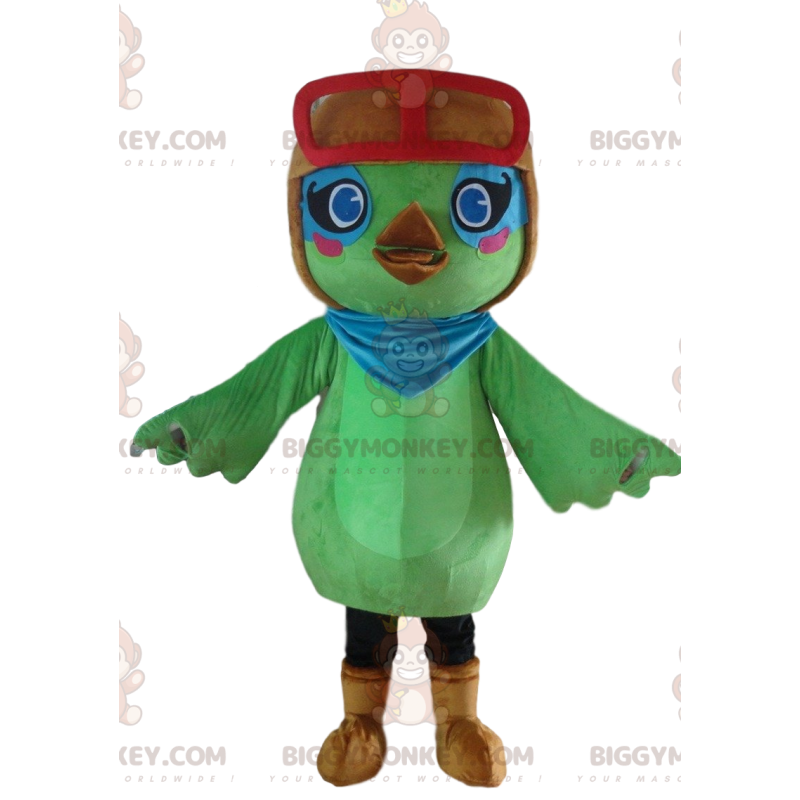 BIGGYMONKEY™ mascot costume of green bird, aviator costume