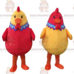 2 BIGGYMONKEY™s maskot röda och gula höns, 2 färgade kycklingar