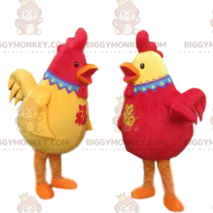 2 BIGGYMONKEY™s red and yellow rooster mascots, 2 colorful