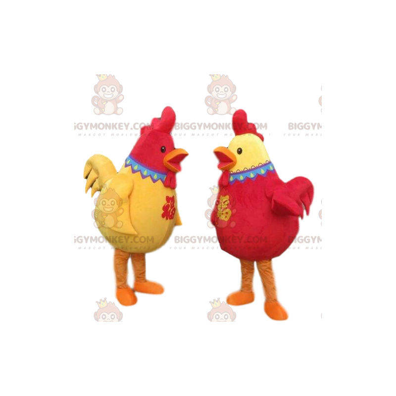2 BIGGYMONKEY's rode en gele haanmascottes, 2 kleurrijke kippen