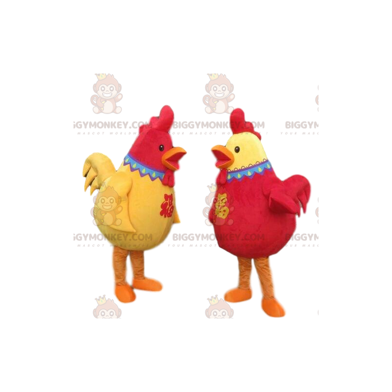 2 mascotte del gallo rosso e giallo di BIGGYMONKEY™, 2 polli