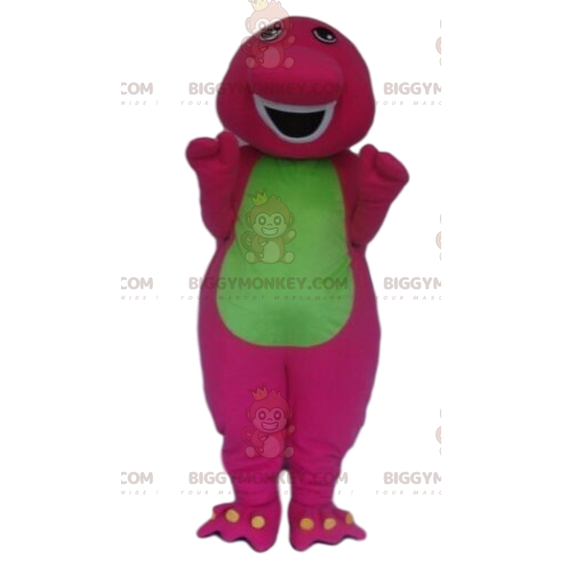 BIGGYMONKEY™ mascot costume pink and green dinosaur, colorful