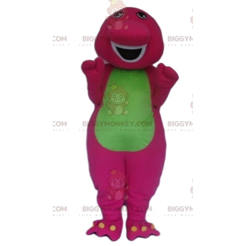BIGGYMONKEY™ maskotdräkt rosa och grön dinosaurie, färgglad