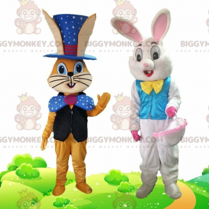 2 BIGGYMONKEY's mascotte konijnen gekleed in feestelijke