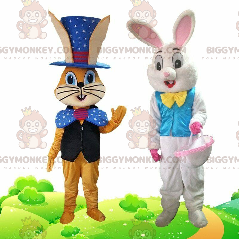 Duo de mascottes BIGGYMONKEY™ de lapins habillés en tenues