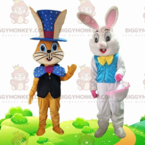 2 Hasenmaskottchen von BIGGYMONKEY™ in festlichen Outfits -