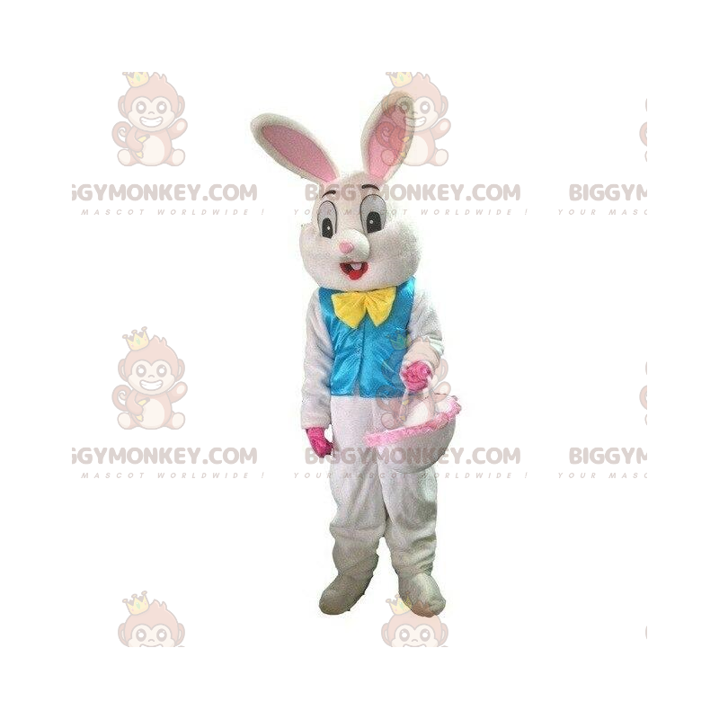 Traje de mascote BIGGYMONKEY™ de coelho branco com colete azul