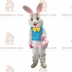 Traje de mascote BIGGYMONKEY™ de coelho branco com colete azul