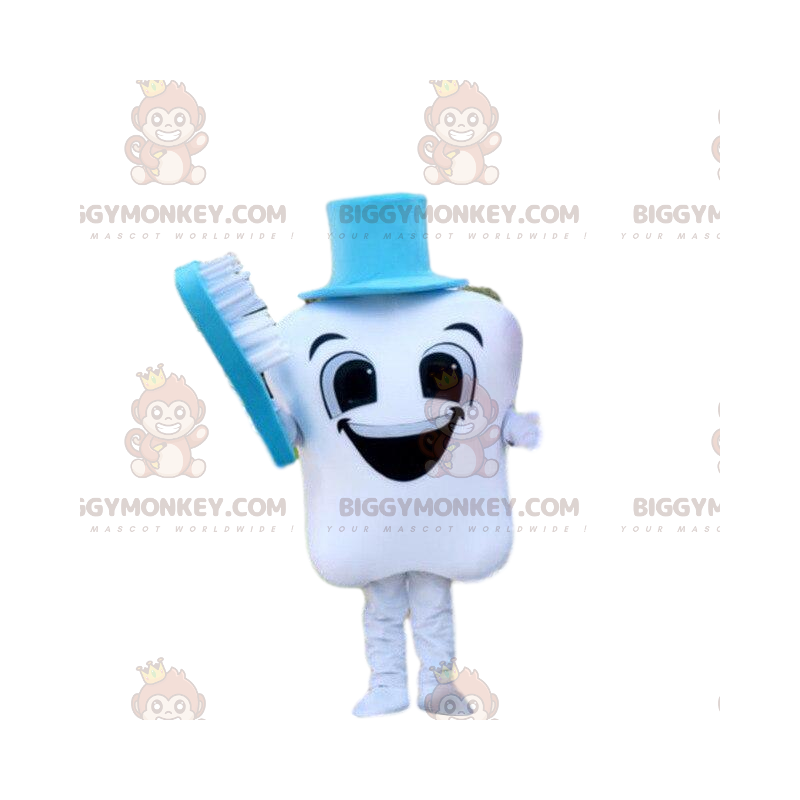 Smiling Tooth BIGGYMONKEY™ Mascot Costume with Blue Toothbrush