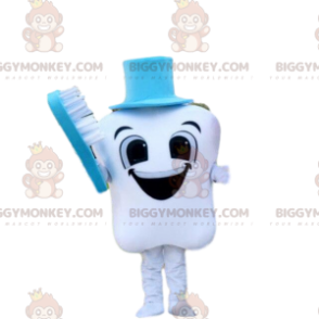 Smiling Tooth BIGGYMONKEY™ Mascot Costume with Blue Toothbrush