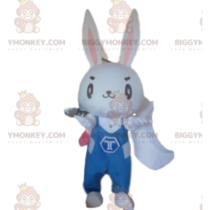 BIGGYMONKEY™ maskotkostume Hvid kanin med blå jumpsuit -
