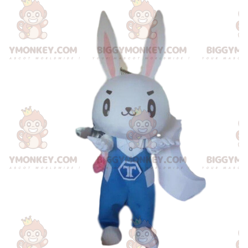 Fantasia de mascote BIGGYMONKEY™ Coelho branco com macacão azul