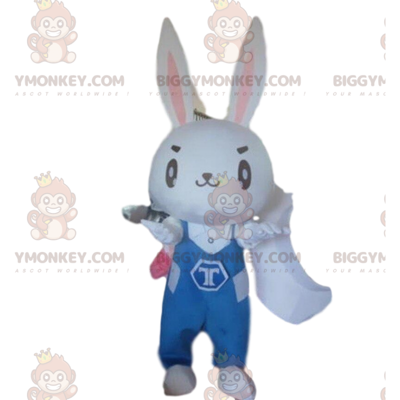 Kostým maskota BIGGYMONKEY™ Bílý králík s modrým overalem –