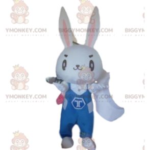 Fantasia de mascote BIGGYMONKEY™ Coelho branco com macacão azul