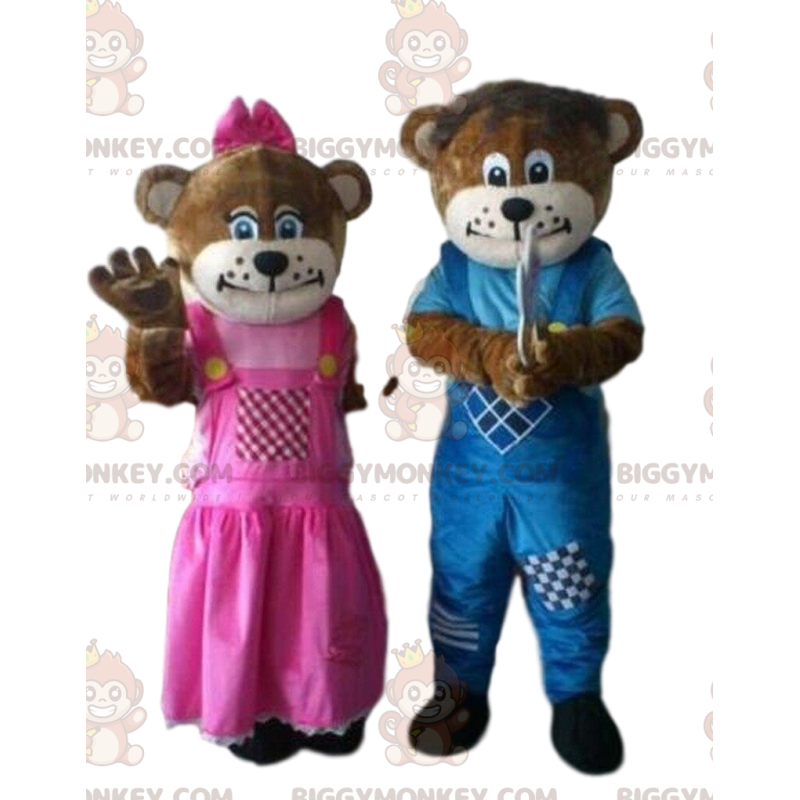 2 mascotes de urso pardo BIGGYMONKEY™, um macho e uma fêmea –