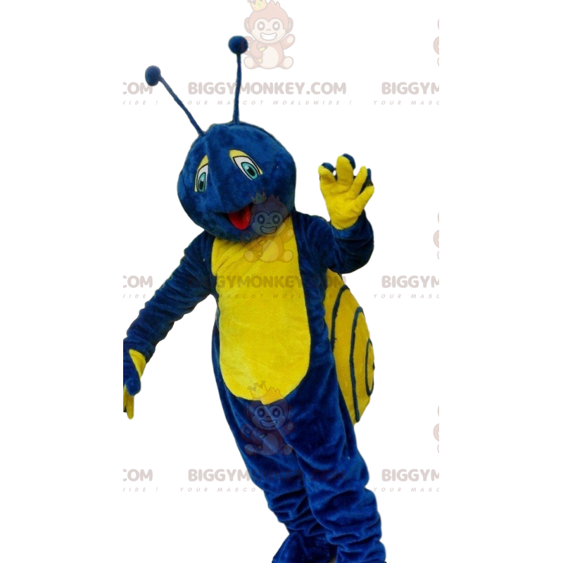 BIGGYMONKEY™ mascottekostuum blauwe en gele slak, kleurrijk