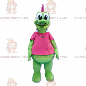 Costume da mascotte drago verde crestato rosa BIGGYMONKEY™ -