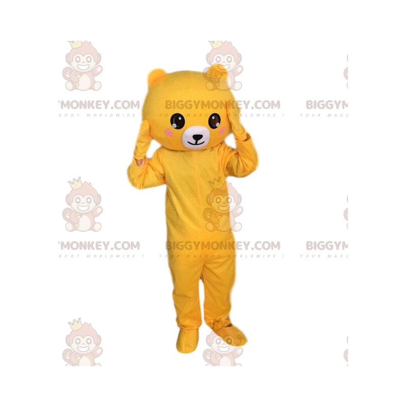 Traje de mascote de ursinho de pelúcia amarelo e branco