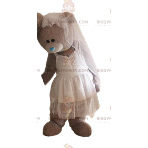 BIGGYMONKEY™ mascot costume of gray bear in wedding dress
