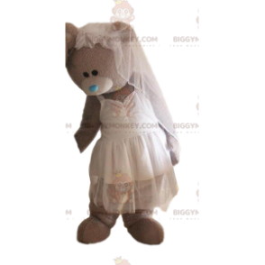 BIGGYMONKEY™ mascot costume of gray bear in wedding dress