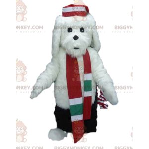 Kostým maskota BIGGYMONKEY™ bílého psa v zimním oblečku, zimní