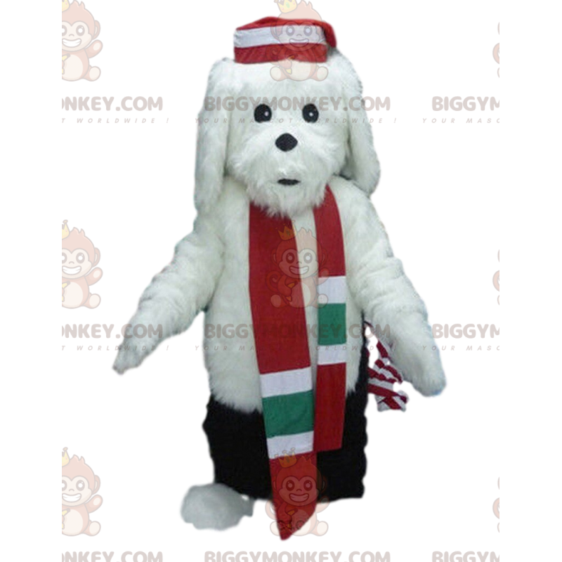 BIGGYMONKEY™ mascot costume of white dog in winter outfit