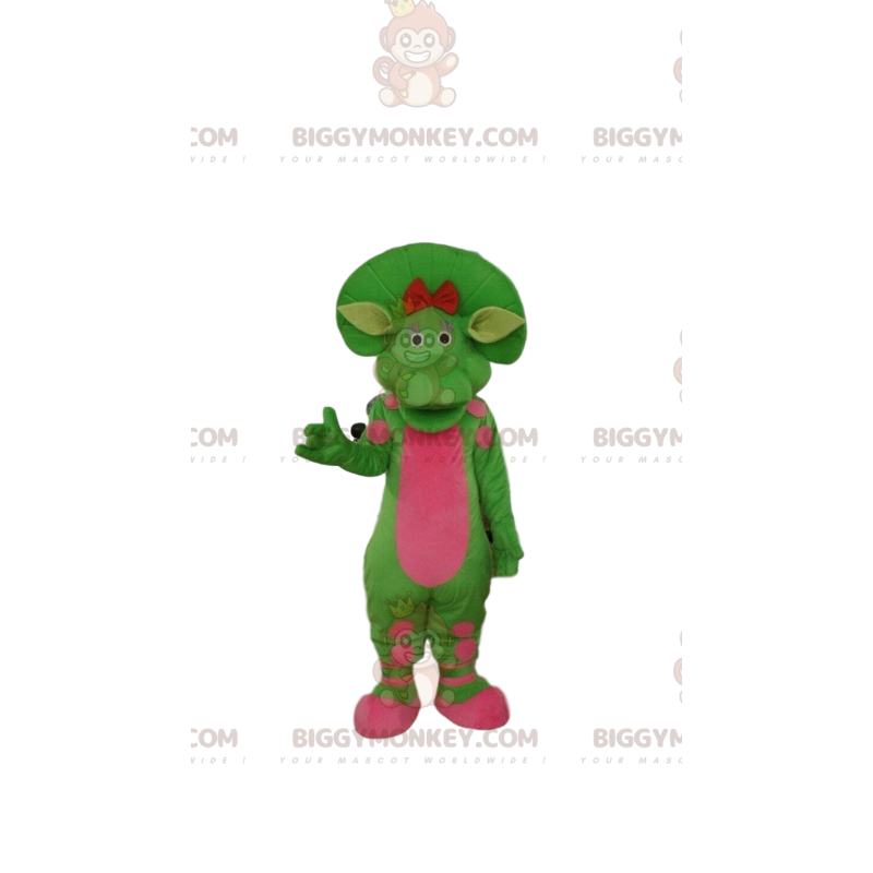 Traje de mascote BIGGYMONKEY™ de dinossauro verde e rosa, traje
