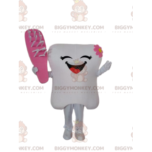 Witte tand BIGGYMONKEY™ mascottekostuum met roze borstel