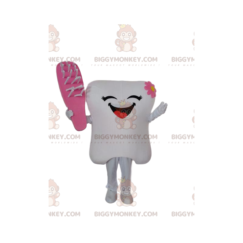 Traje de mascote BIGGYMONKEY™ de dente branco com escova rosa