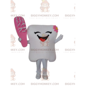 Traje de mascote BIGGYMONKEY™ de dente branco com escova rosa
