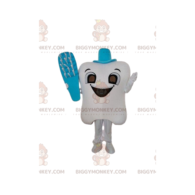 White tooth BIGGYMONKEY™ mascot costume with a toothbrush