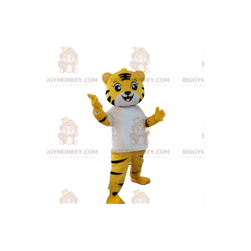 BIGGYMONKEY™ costume mascotte di tigre gialla, bianca e nera