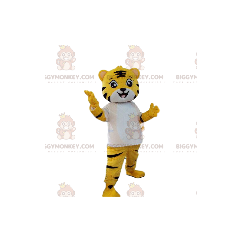 Costume de mascotte BIGGYMONKEY™ de tigre jaune, blanc et noir