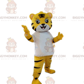 Traje de mascote BIGGYMONKEY™ de tigre amarelo, branco e preto