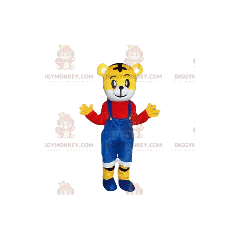 BIGGYMONKEY™ maskotdräkt av gul tiger i färgglad outfit, baby