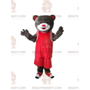 BIGGYMONKEY™ maskotkostume af grå bjørn i rødt sportstøj