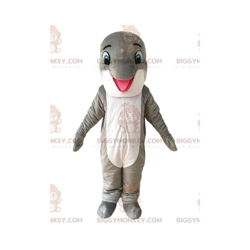 Traje de mascote BIGGYMONKEY™ golfinho cinza e branco, traje de